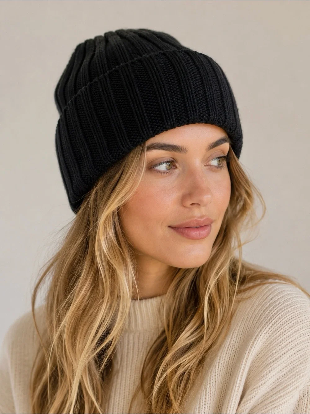 Vince Ribbed Knit Beanie Hat Black Merino Wool Cashmere Blend Unisex OS New!